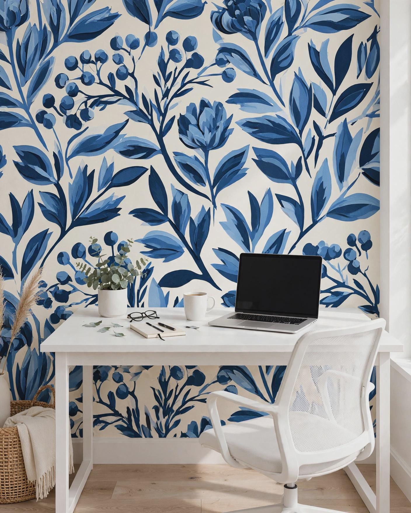 Blue Botanical Peel and Stick Wallpaper | Indigo Floral Removable Wallpaper | Blue Leaf Wall Mural | Vintage Chinoiserie Wallpaper