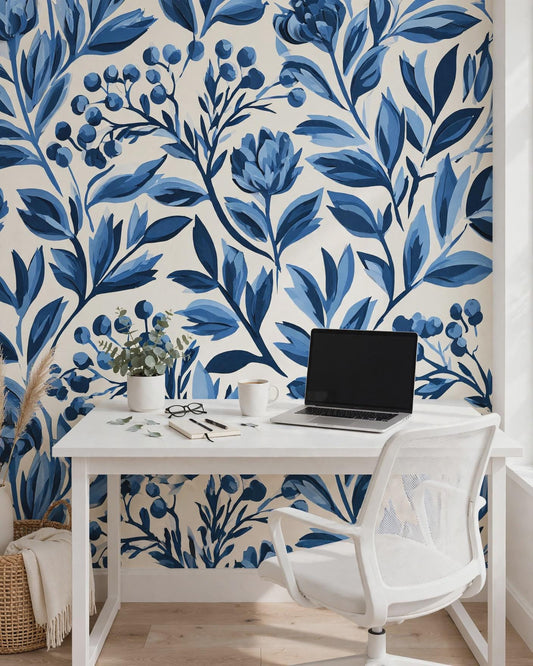 Blue Botanical Peel and Stick Wallpaper | Indigo Floral Removable Wallpaper | Blue Leaf Wall Mural | Vintage Chinoiserie Wallpaper