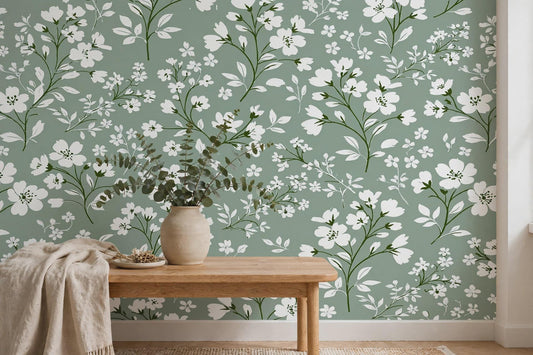 Sage Green Ditsy Floral Wallpaper | Vintage Small White Flower Peel & Stick Wall Mural | Cottagecore Botanical Removable Wallpaper