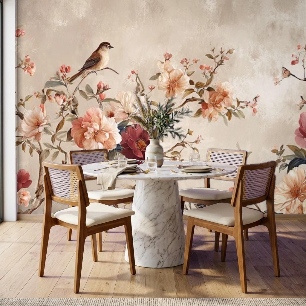 Vintage Floral Bird Wallpaper, Romantic Blossoming Tree Wall Mural (Peel and Stick)