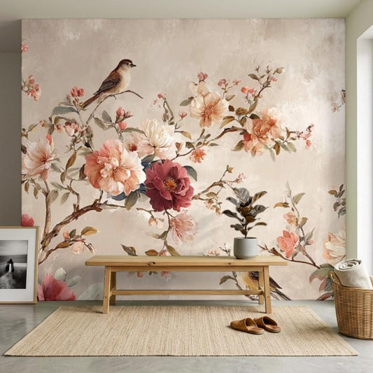 Vintage Floral Bird Wallpaper, Romantic Blossoming Tree Wall Mural (Peel and Stick)