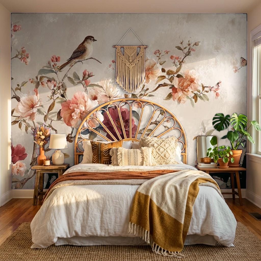 Vintage Floral Bird Wallpaper, Romantic Blossoming Tree Wall Mural (Peel and Stick)