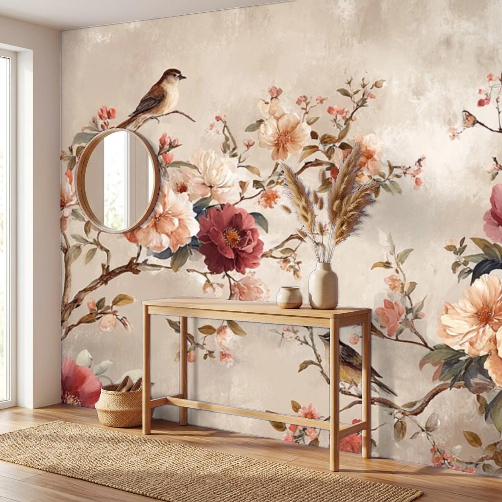 Vintage Floral Bird Wallpaper, Romantic Blossoming Tree Wall Mural (Peel and Stick)