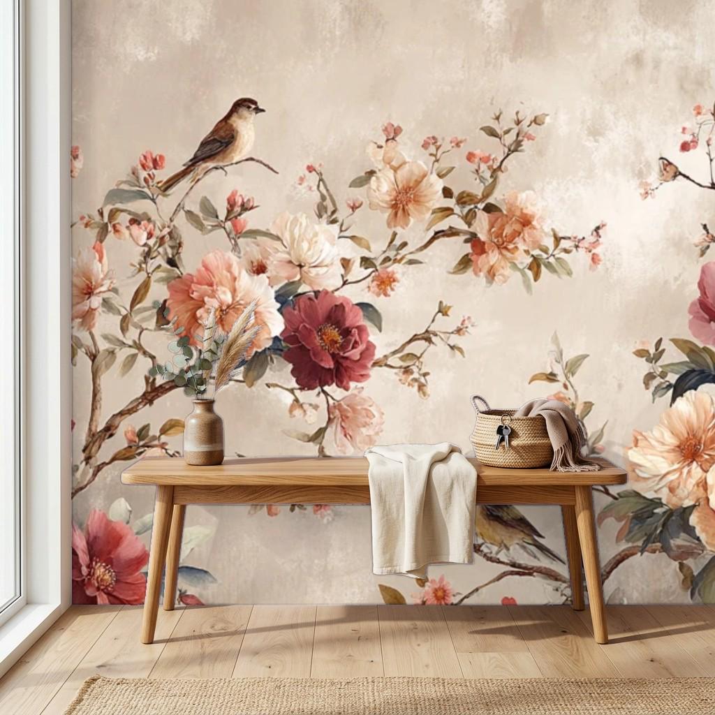 Vintage Floral Bird Wallpaper, Romantic Blossoming Tree Wall Mural (Peel and Stick)
