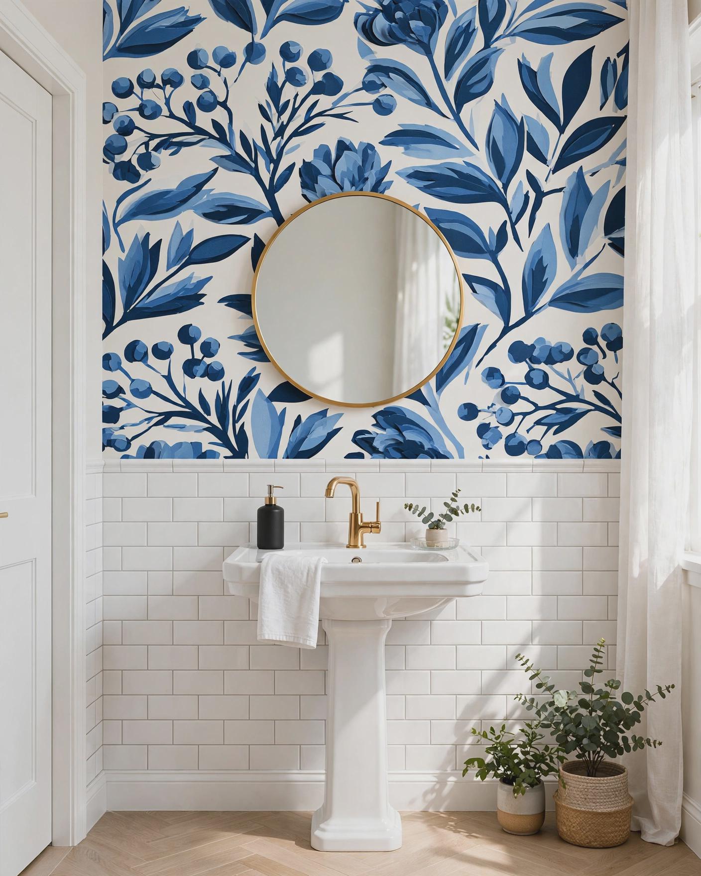 Blue Botanical Peel and Stick Wallpaper | Indigo Floral Removable Wallpaper | Blue Leaf Wall Mural | Vintage Chinoiserie Wallpaper