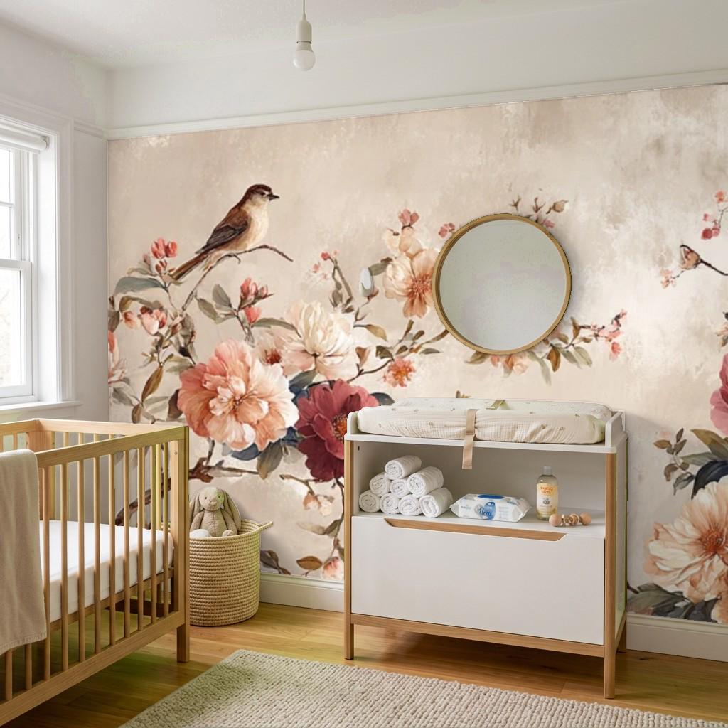 Vintage Floral Bird Wallpaper, Romantic Blossoming Tree Wall Mural (Peel and Stick)