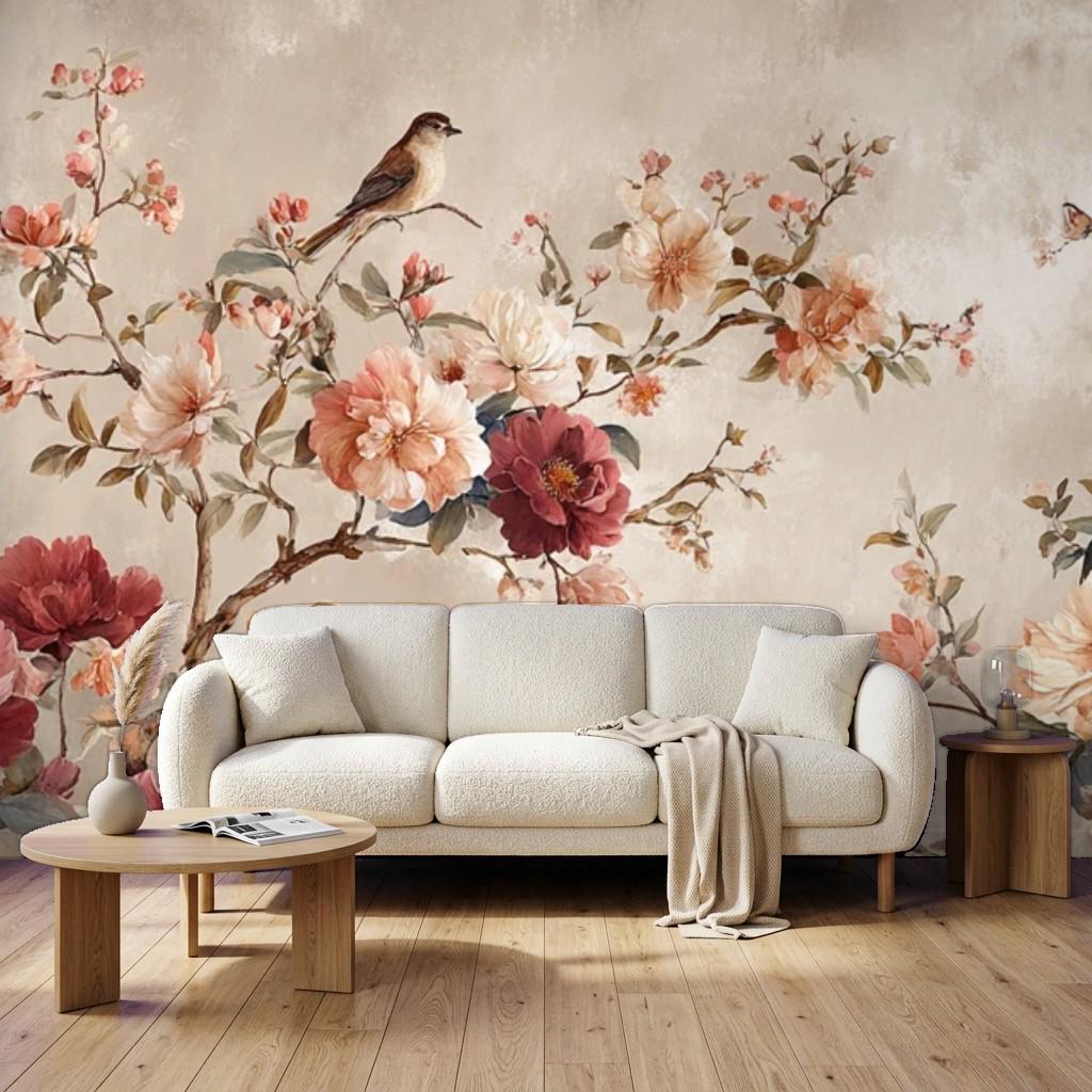 Vintage Floral Bird Wallpaper, Romantic Blossoming Tree Wall Mural (Peel and Stick)