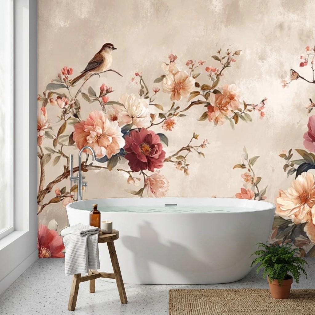 Vintage Floral Bird Wallpaper, Romantic Blossoming Tree Wall Mural (Peel and Stick)