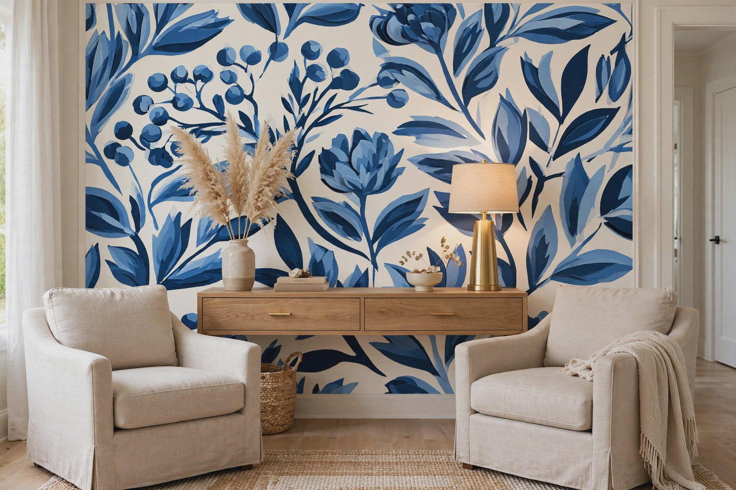 Blue Botanical Peel and Stick Wallpaper | Indigo Floral Removable Wallpaper | Blue Leaf Wall Mural | Vintage Chinoiserie Wallpaper