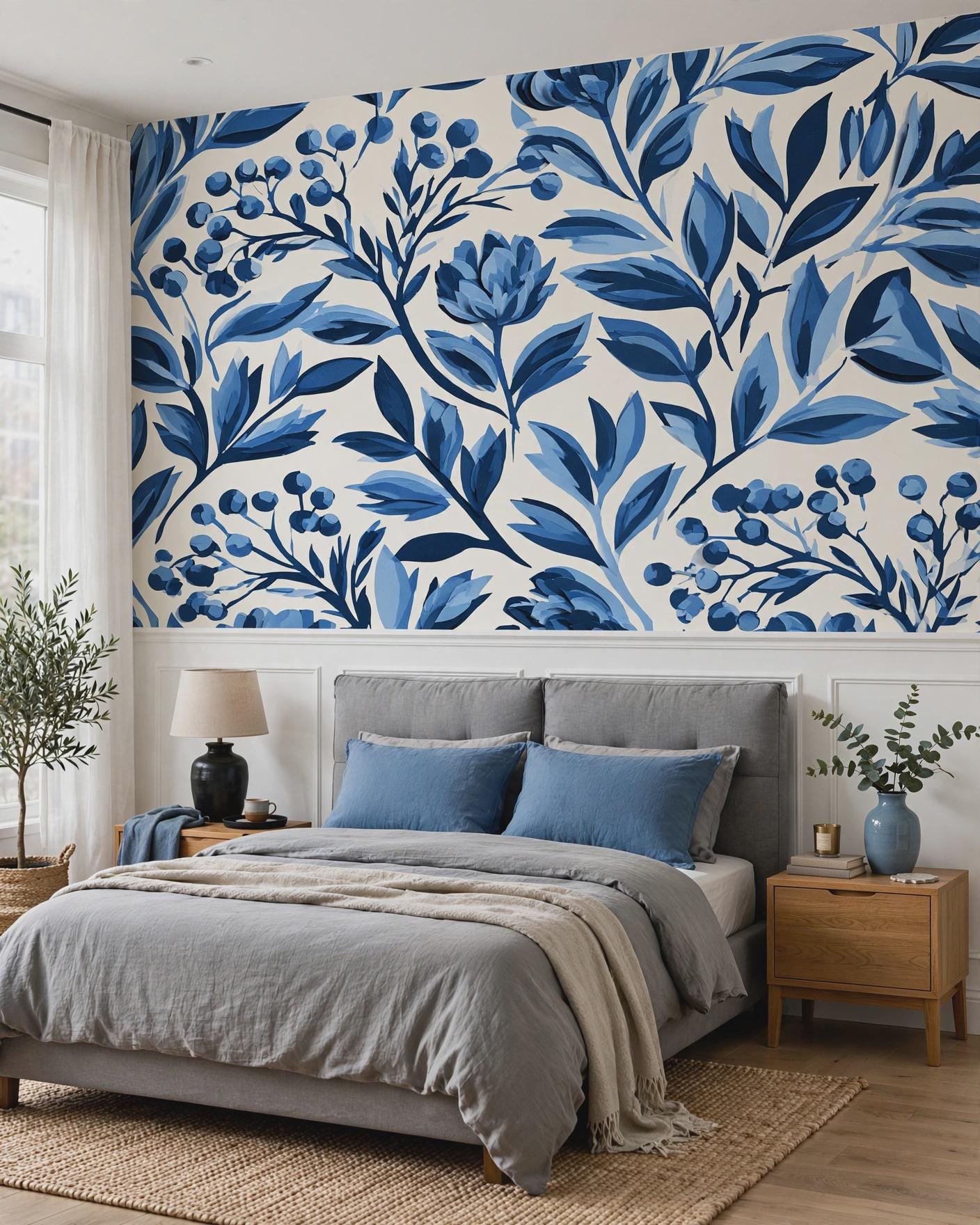 Blue Botanical Peel and Stick Wallpaper | Indigo Floral Removable Wallpaper | Blue Leaf Wall Mural | Vintage Chinoiserie Wallpaper